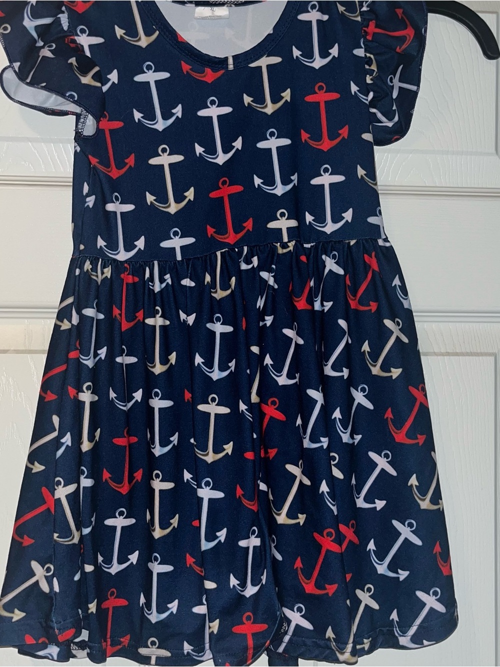 Girls Navy Anchor Print Dress - Red, White & Tan